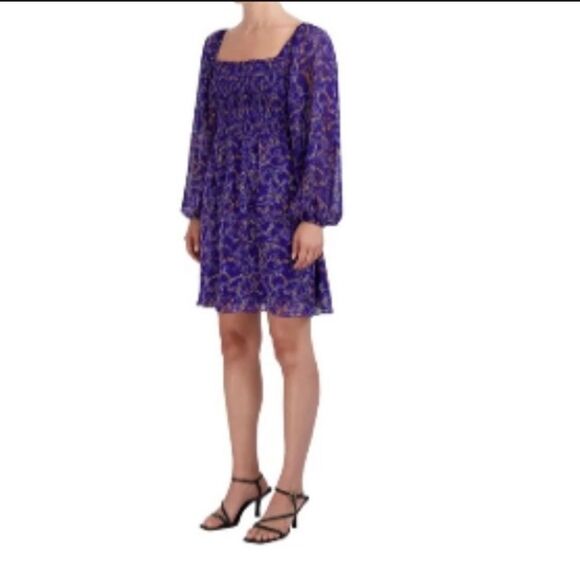 BCBG Paris Smocked Body Square Neck Long Sleeve Floral Mini Dress size XL 16-18 - Picture 1 of 7
